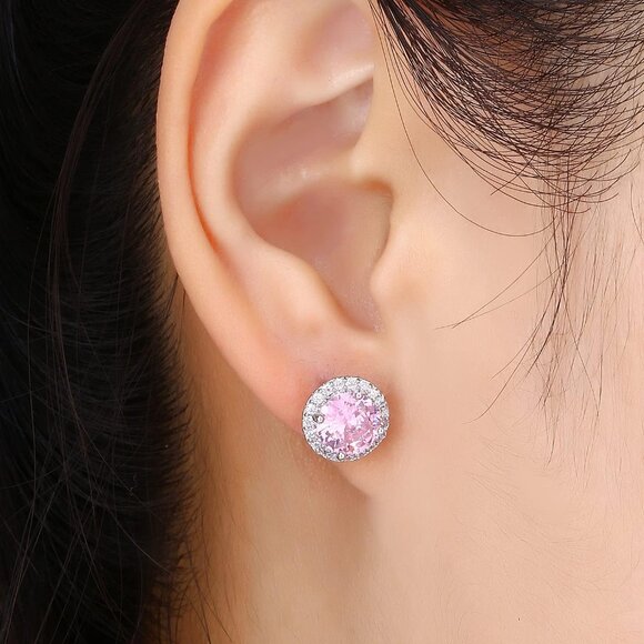 Women's Round Pink Birthstone Elegant Mall Dainty Halo Cubic Zirconia Earring - Picture 2 of 6